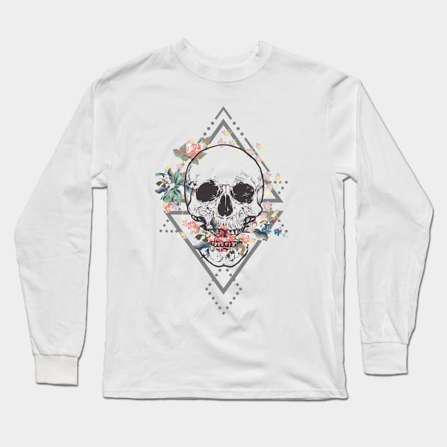 Skull Floral Boho Long Sleeve T-Shirt by Manlangit Digital Studio